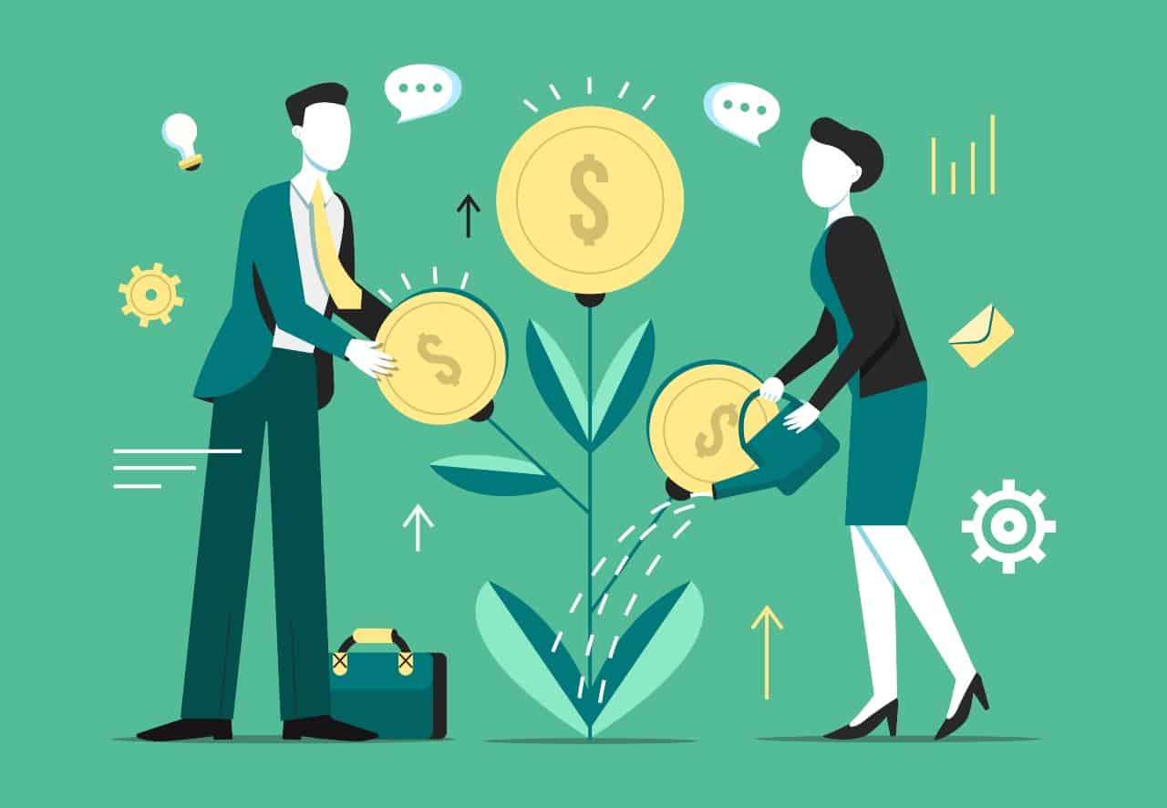women and men watering investment illustration